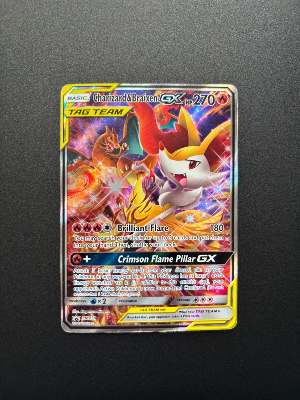 Pokemon Charizard & Braixen GX Holographic Card - Red, Yellow, Orange, White